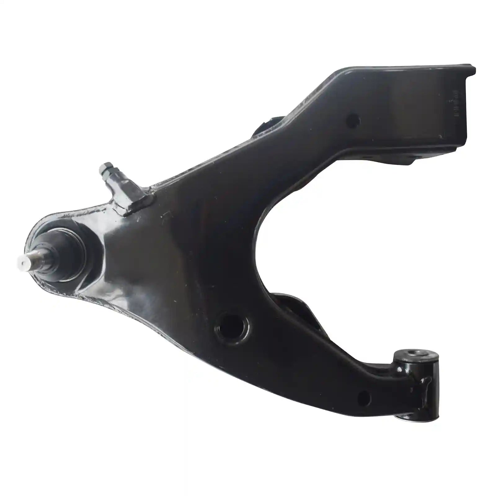 Black metal suspension control arm on a white background
