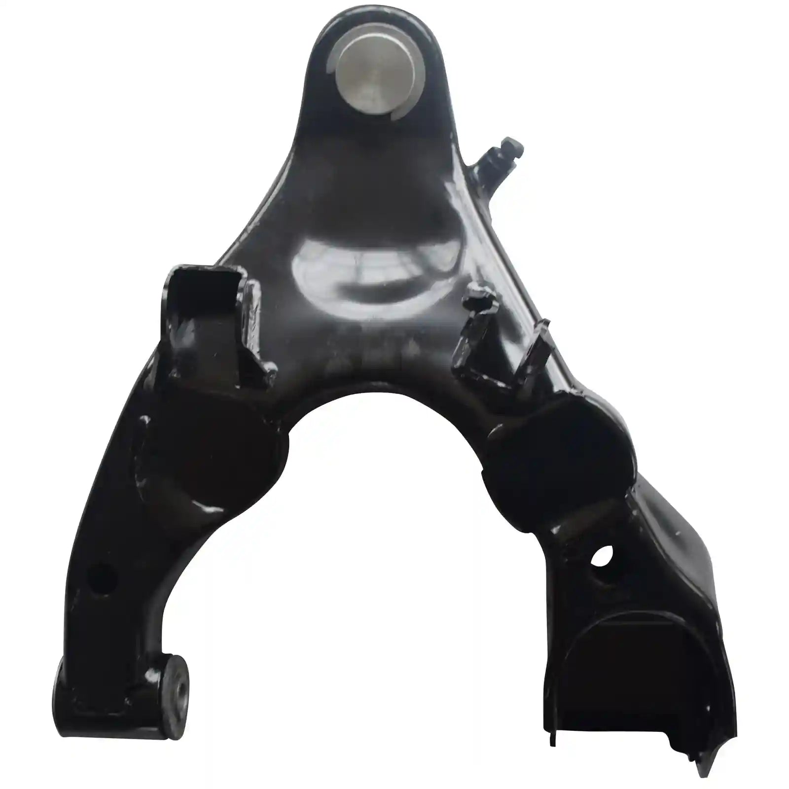 Black metal automotive control arm on a white background