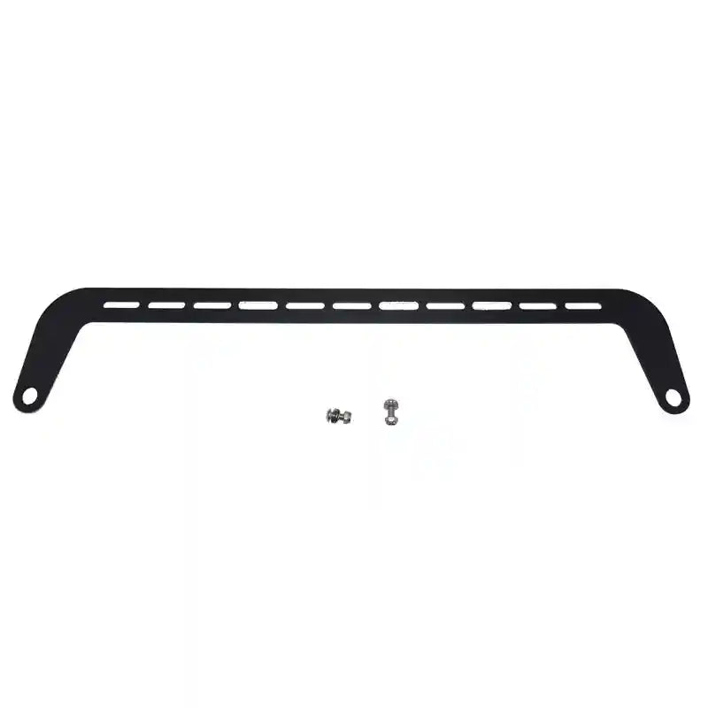 Black metal bracket with small screws on a white background
