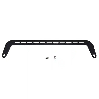 Black metal bracket with small screws on a white background