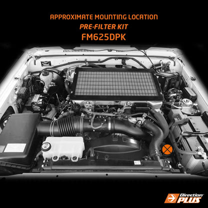Car engine with pre-filter kit mounting location indicated, featuring Direction Plus branding.