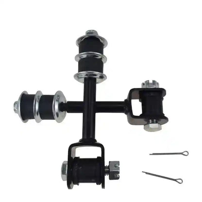 Black metal suspension component with attached springs and pins on a white background