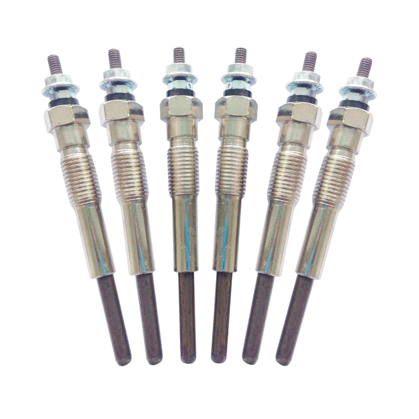 Set of six spark plugs on a white background