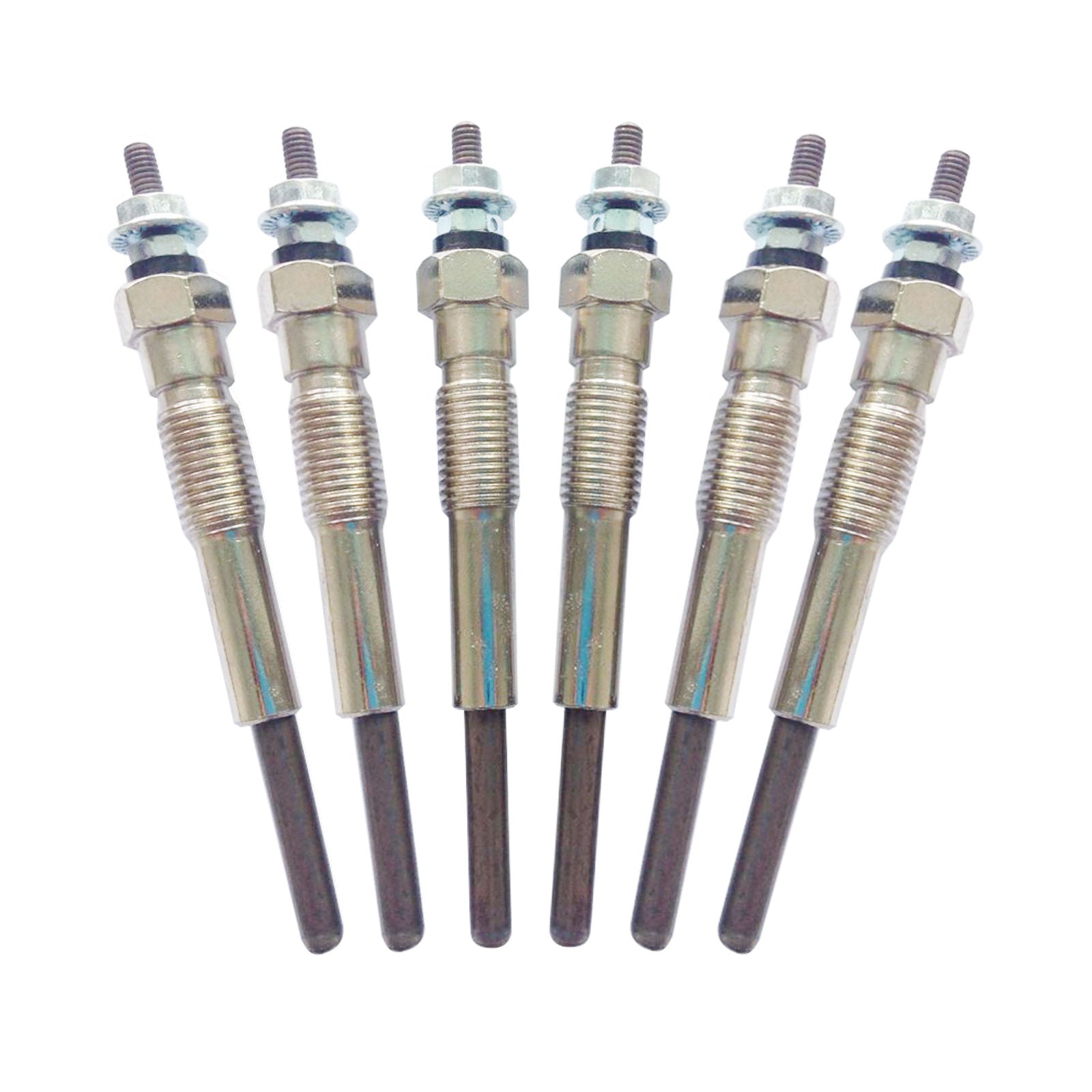 Set of six spark plugs on a white background