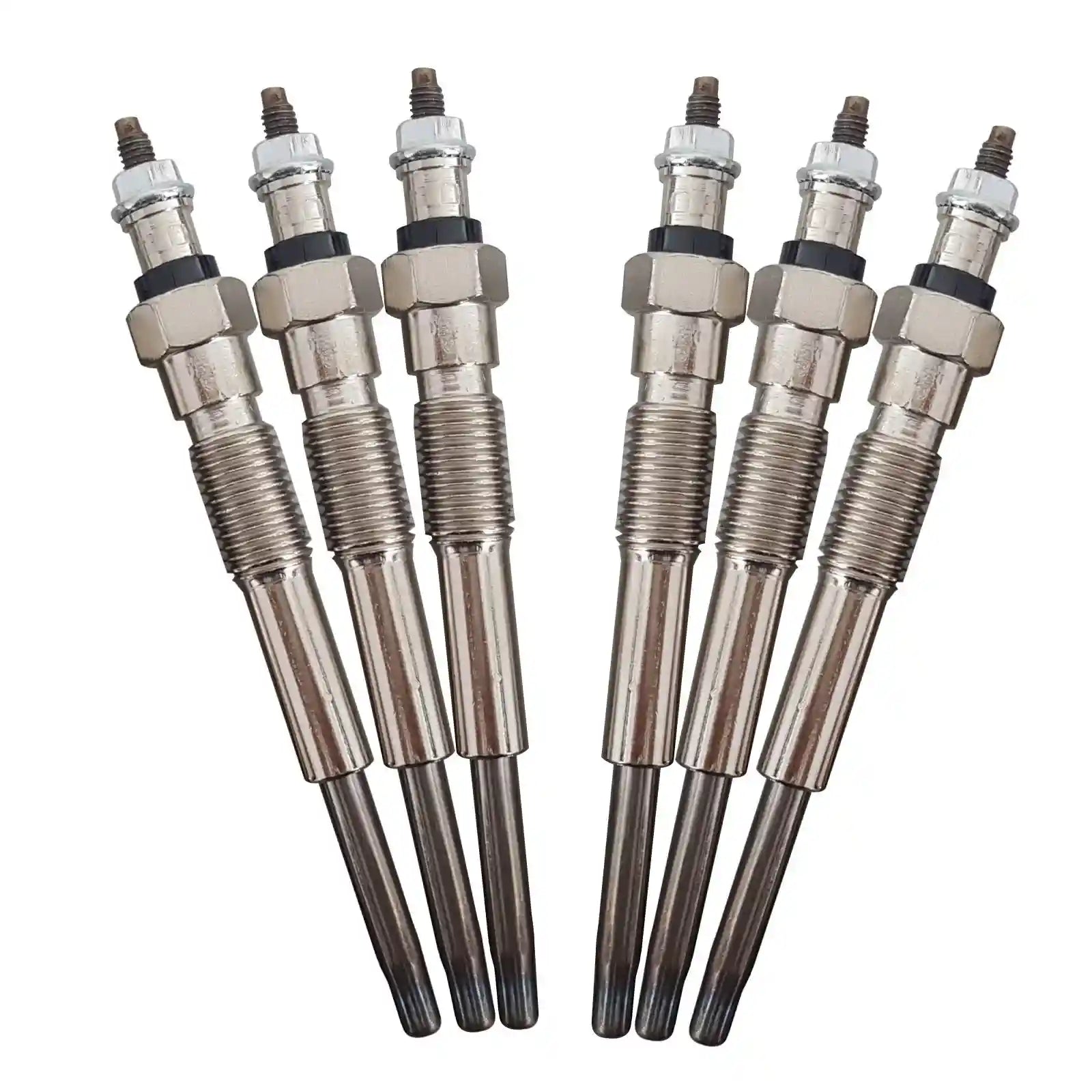 Set of six spark plugs on a white background