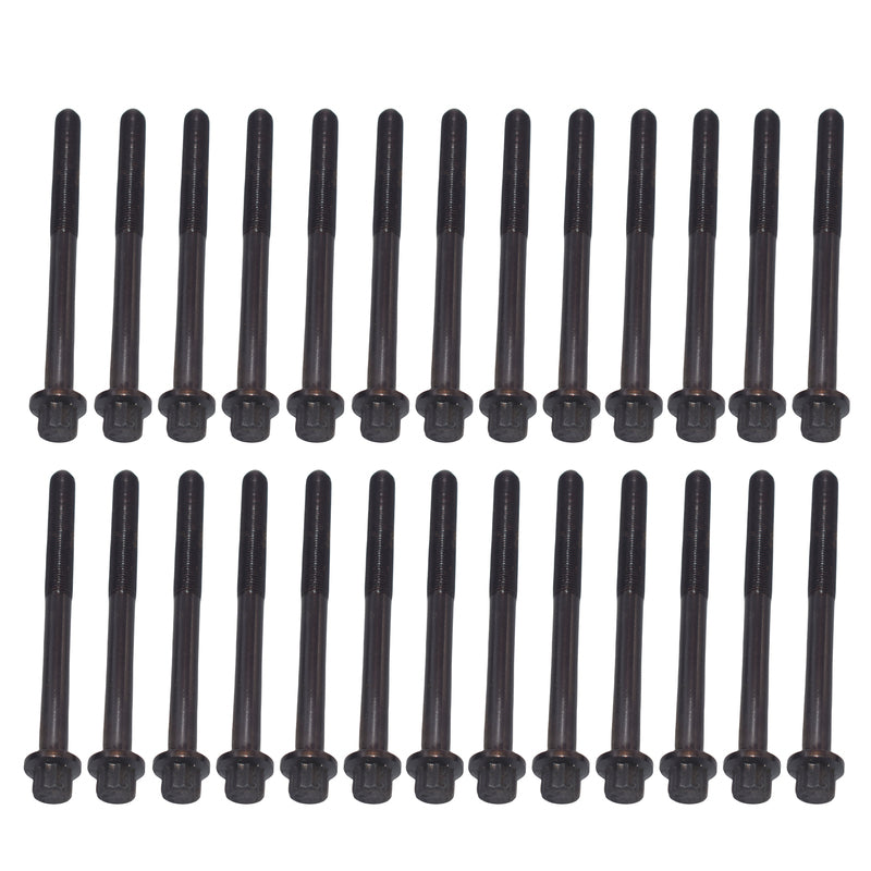 Set of black cylindrical bolts on a white background