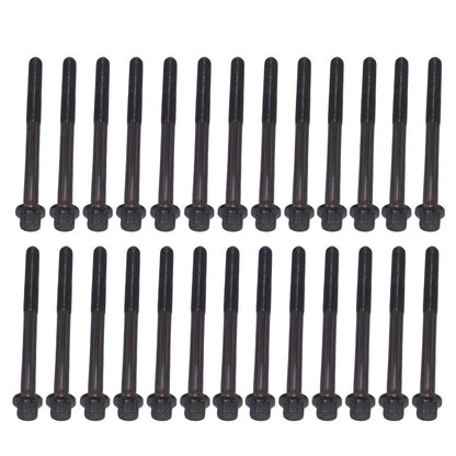 Set of black cylindrical bolts on a white background