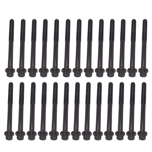 Set of black cylindrical bolts on a white background