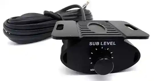 Black audio subwoofer level control with cable on a white background