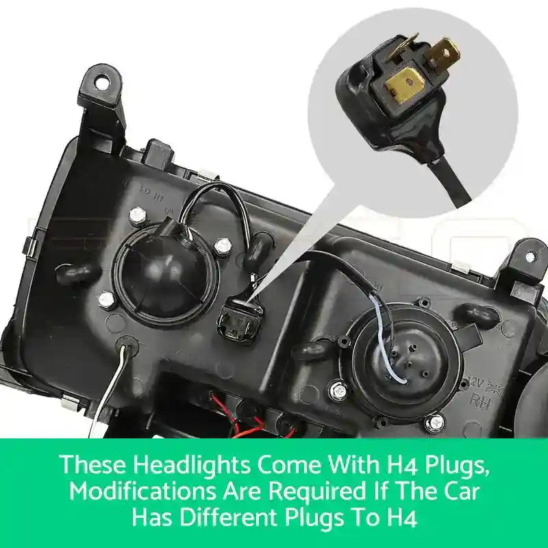 Car headlight assembly with H4 plug illustration and text on a white background
