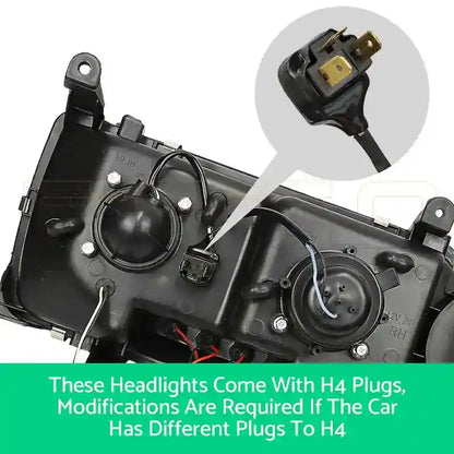 Car headlight assembly with H4 plug illustration and text on a white background