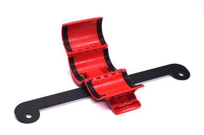 Red and black Fire Extinguisher Bracket on a white background