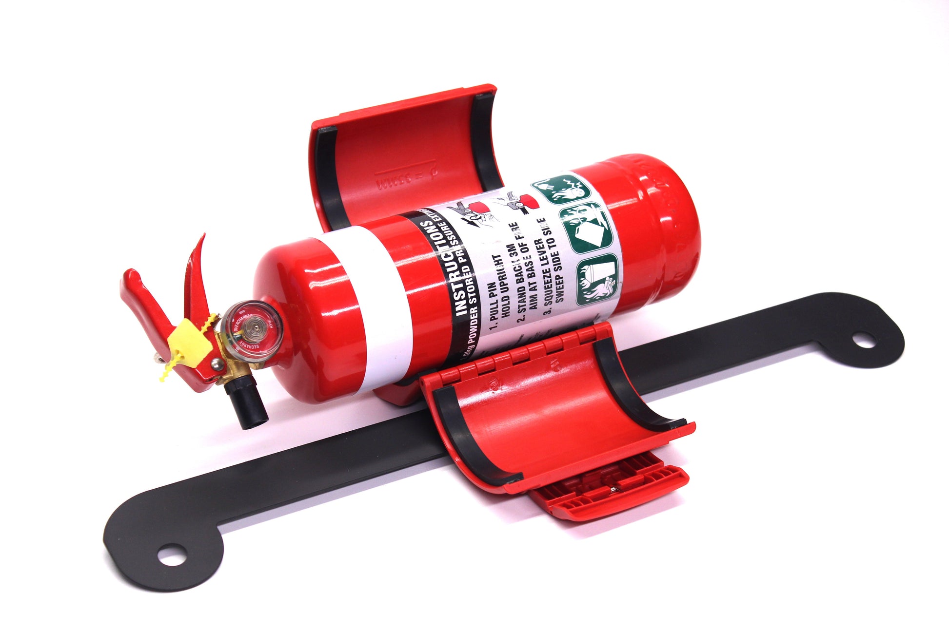 Red fire extinguisher mounted on a black bracket against a white background