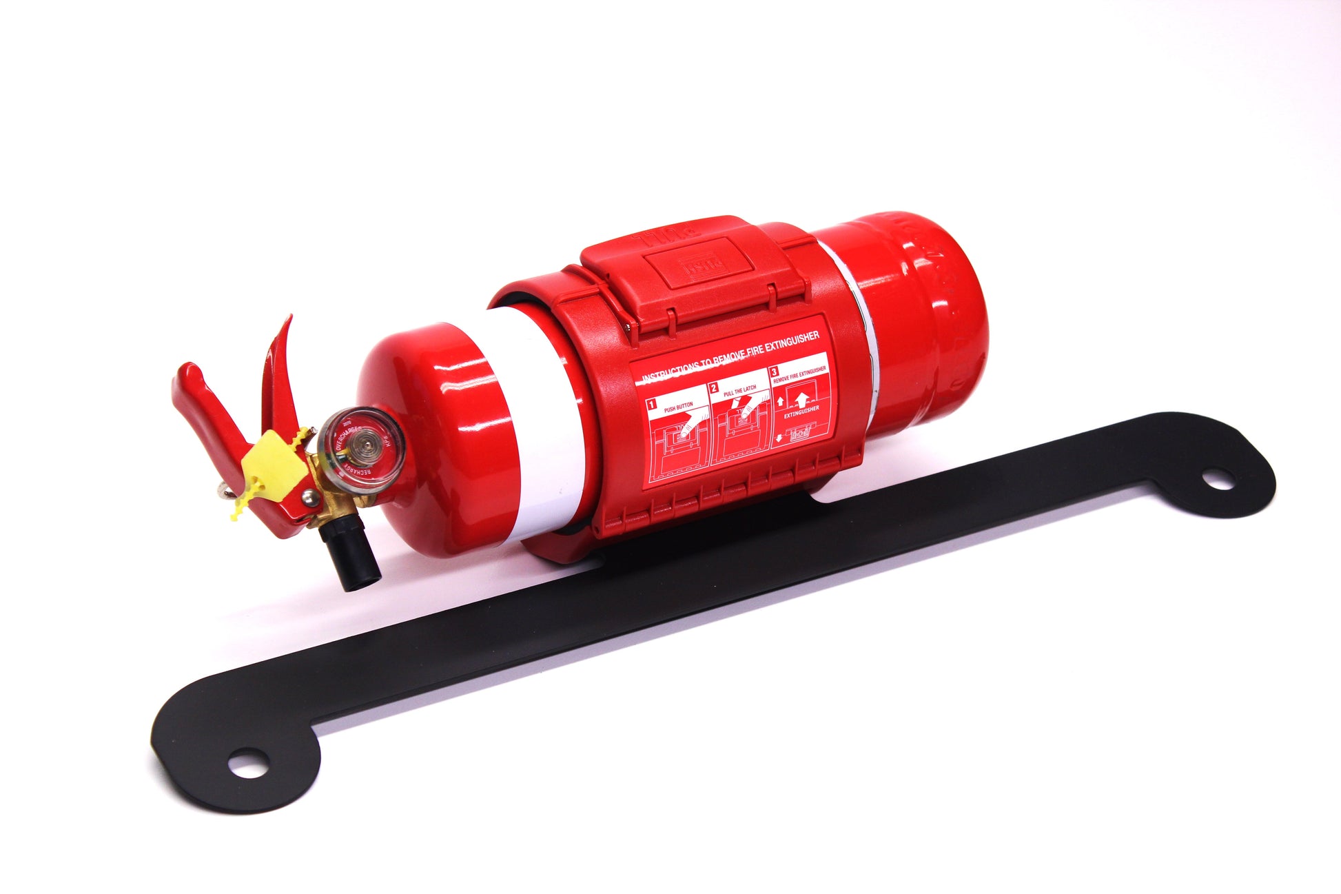 Red fire extinguisher with a black strap on a white background