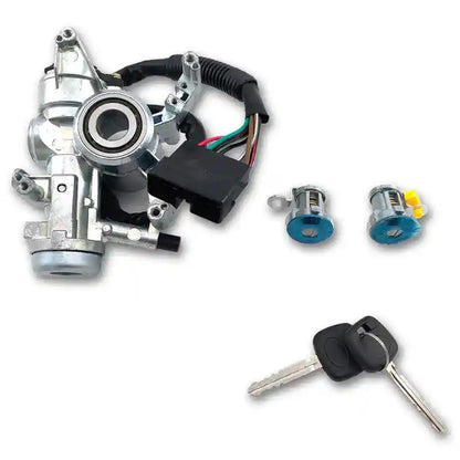 Car ignition switch assembly with keys on a white background