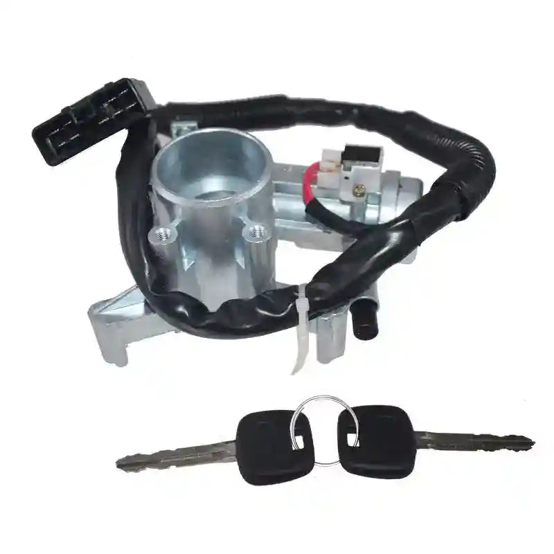 Car ignition switch assembly with wiring and keys on a white background