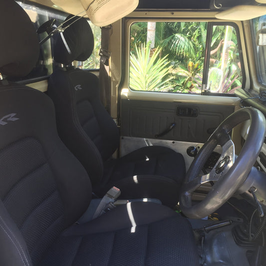 Car interior with steering wheel and seats, showing a tropical outdoor view through the window.