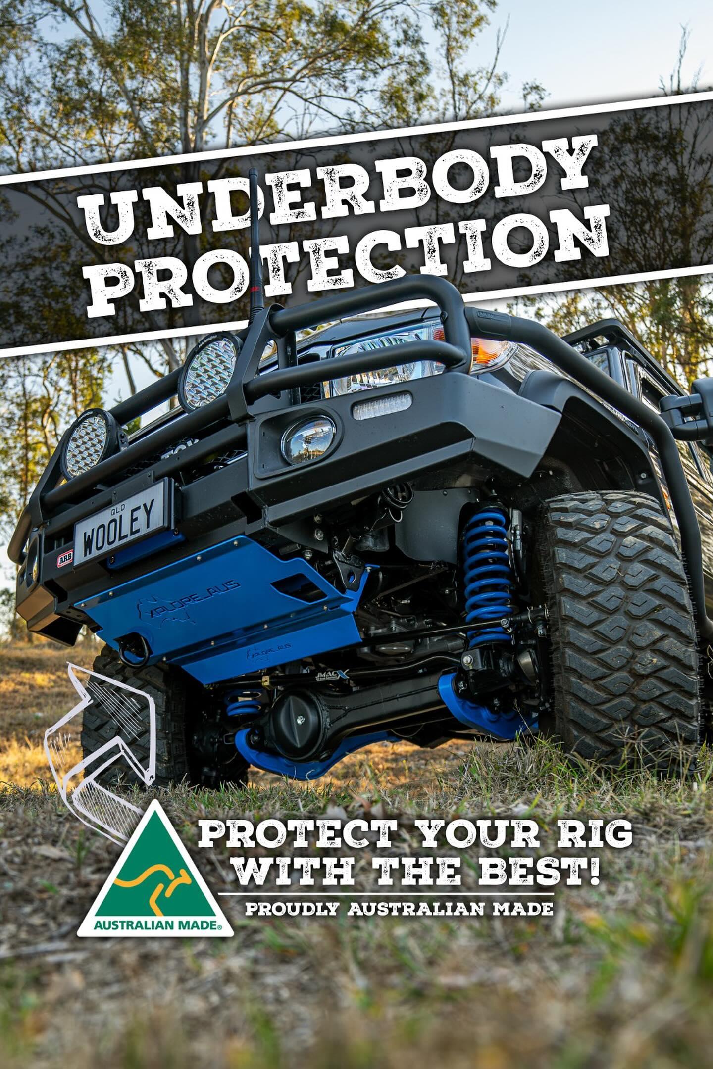 UTV with underbody protection system on a natural background, featuring text about underbody protection and Australian made products.
