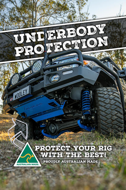 Promotional image of underbody protection for a vehicle with text and branding.