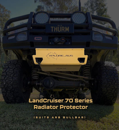 Land Cruiser 70 Series radiator protector on a vehicle with branding and product details.