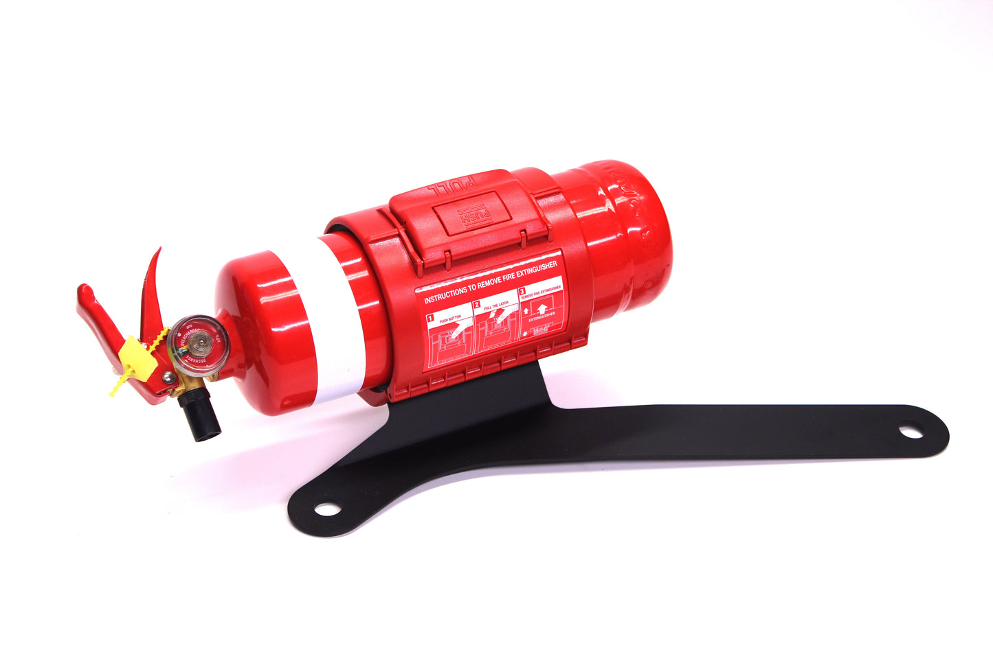 Red fire extinguisher with a black Bracket on a white background