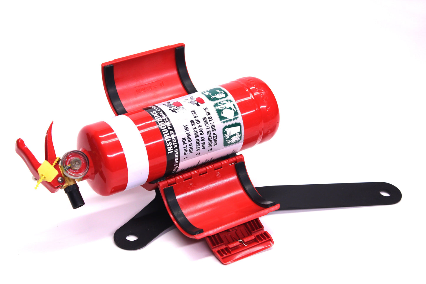 Red fire extinguisher with a black Bracket on a white background