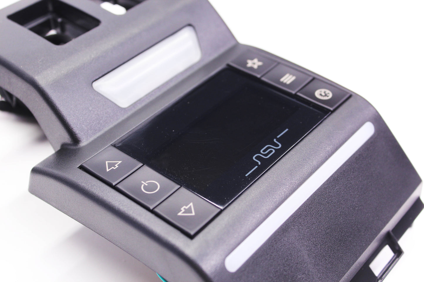 Close-up of a tire pressure system with a screen and control buttons on a white background