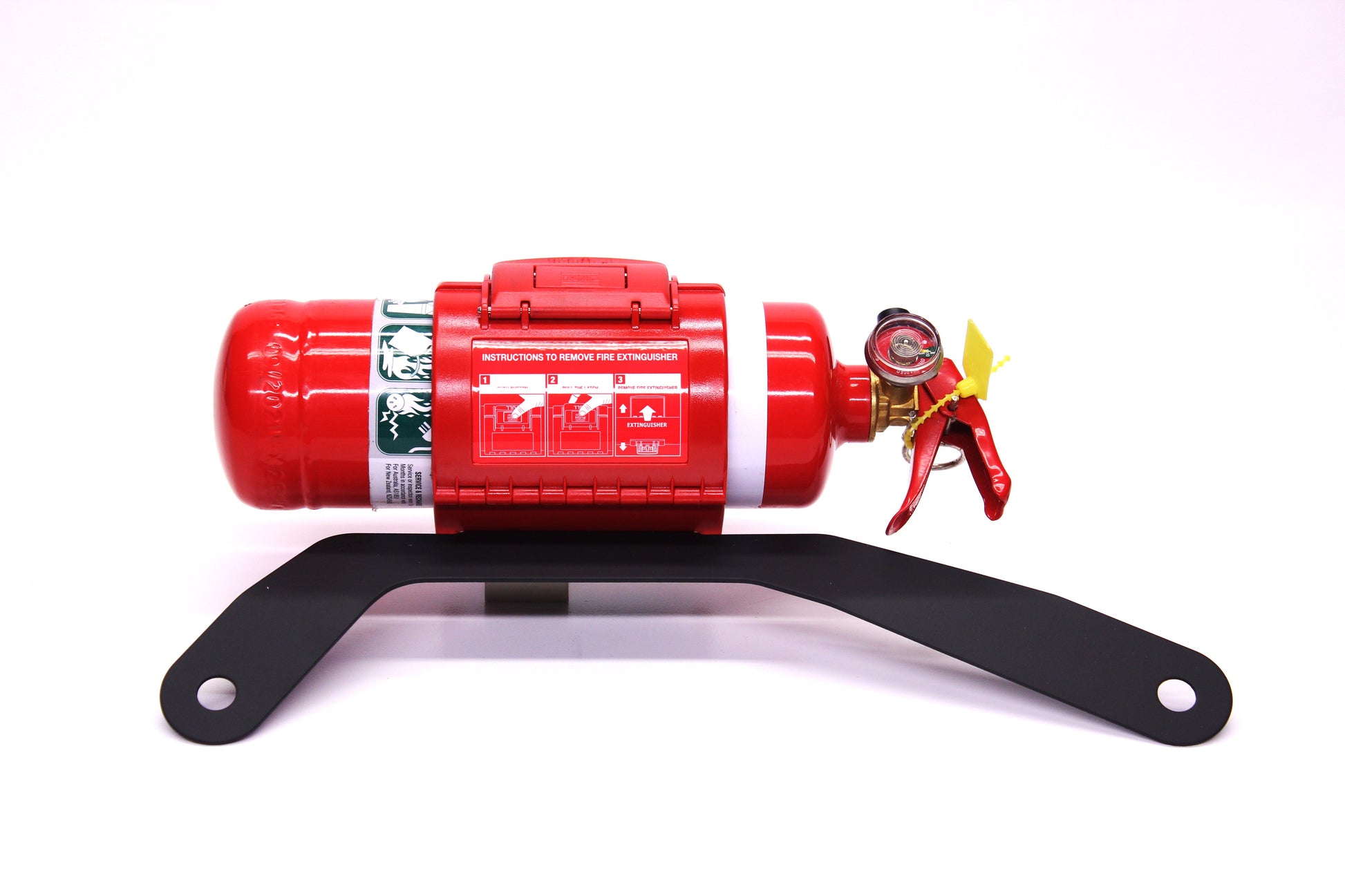 Red fire extinguisher on a black bracket against a white background