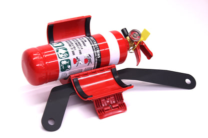 Red fire extinguisher with a black bracket on a white background