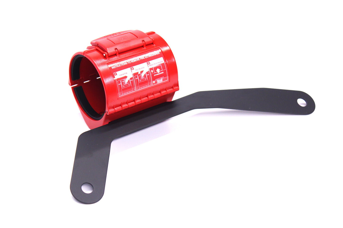 Red and black metal Fire Extinguisher Bracket on a white background