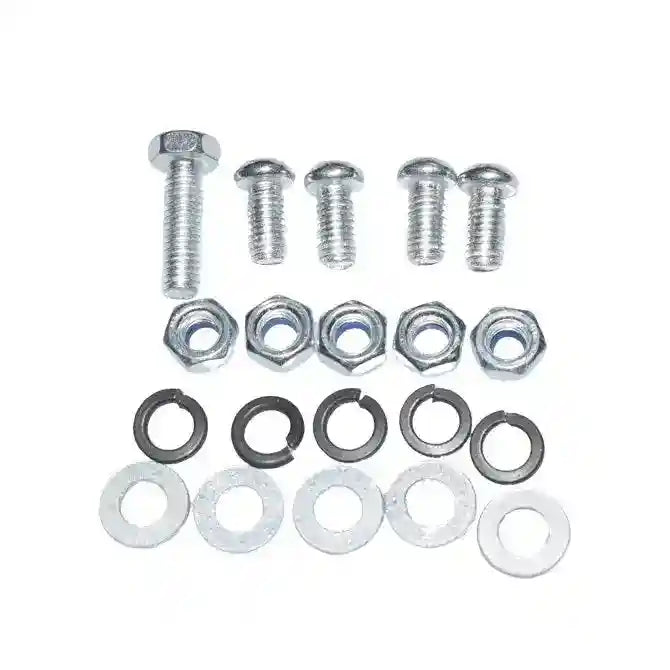 Set of screws, washers, and nuts on a white background