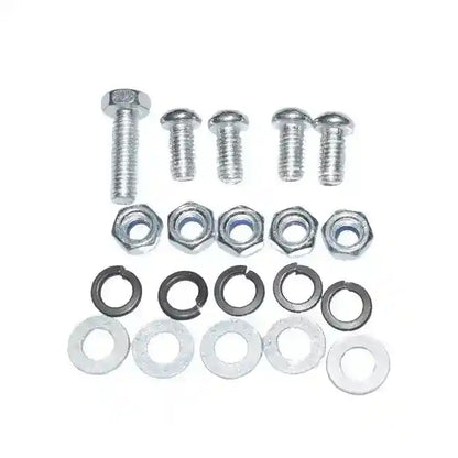 Set of screws, washers, and nuts on a white background