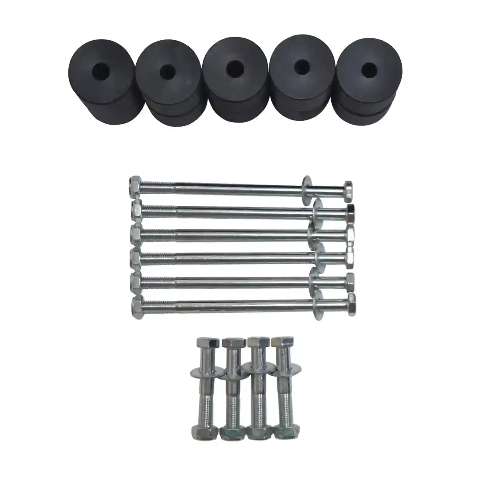 Set of black rubber bushings and metal bolts on a white background