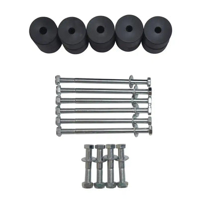 Set of black rubber bushings and metal bolts on a white background