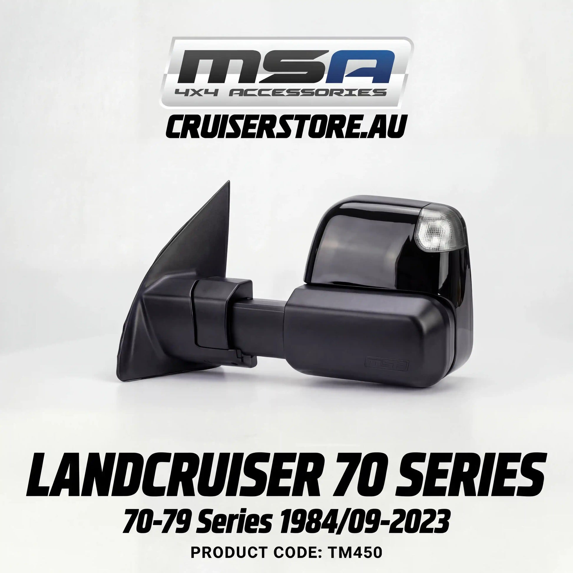 MSA-4x4-Powe-Fold-Towing-Mirrors-suitable-for-Landcruiser-70-79-Series-1984-09-2023-Black-Electric-Indicators-Power-Fold-TM450