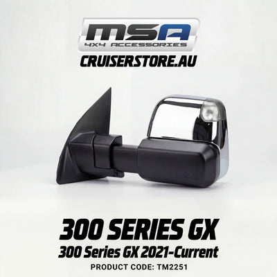 MSA-4x4-Power-Fold-Towing-Mirrors-suitable-for-Landcruiser-300-Series-GX-2021-Current-Chrome-Electric-Indicators-Power-Fold-TM2251
