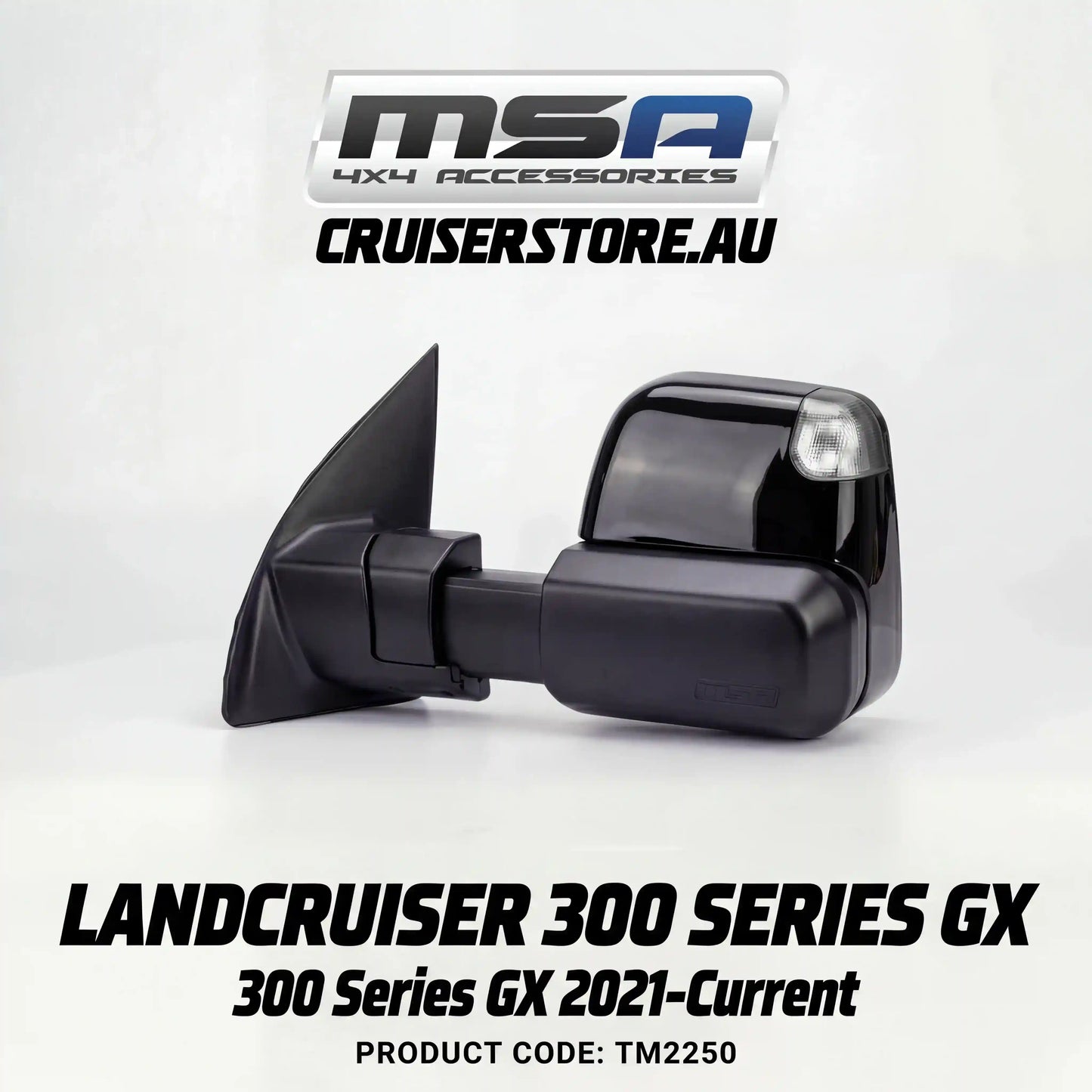 MSA-4x4-Power-Fold-Towing-Mirrors-suitable-for-Landcruiser-300-Series-GX 2021-Current-Black-Electric-Indicators-Power-Fold-TM2250