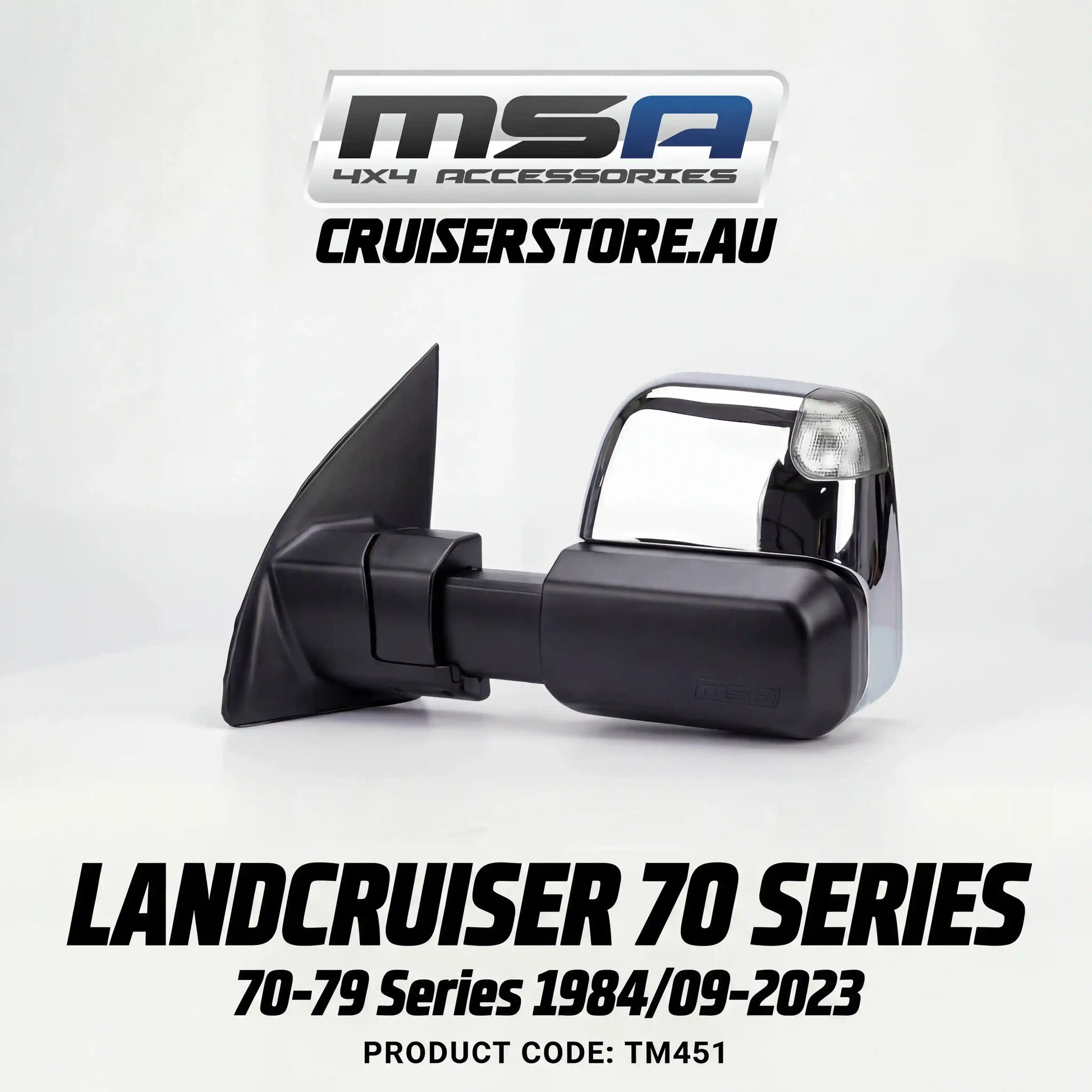 MSA-4x4-Power Fold-Towing-Mirrors-suitable-for-Landcruiser-70-79-Series-1984-09-2023-Chrome-Electric-Indicators-Power-Fold-TM451