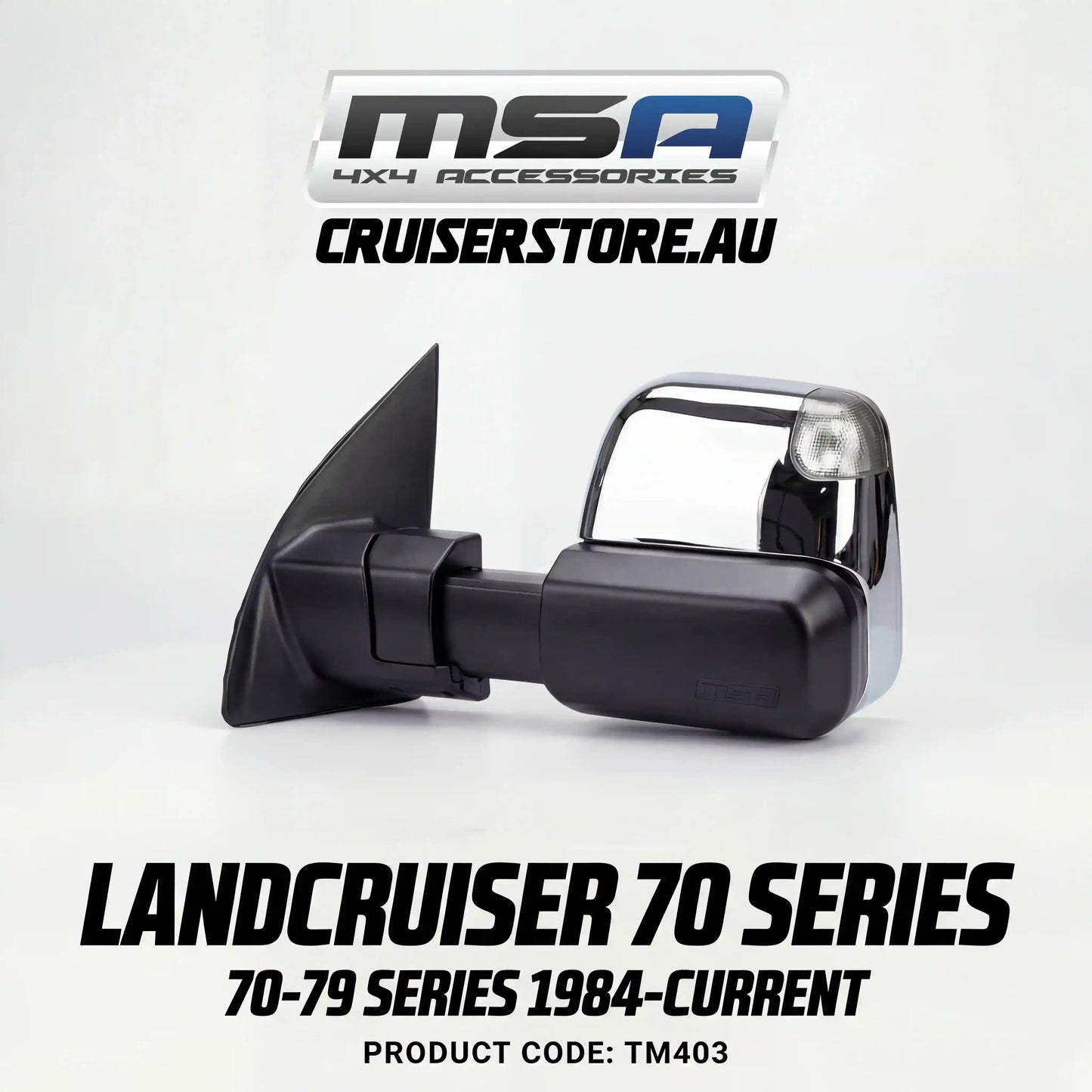 MSA-4x4-Towing-Mirrors-suitable-for-Landcruiser-70-79-Series-1984-Current-Chrome-Electric-Indicators-TM403