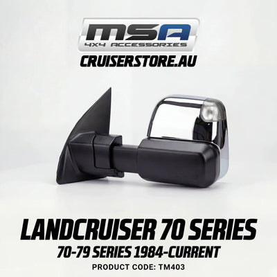 MSA-4x4-Towing-Mirrors-suitable-for-Landcruiser-70-79-Series-1984-Current-Chrome-Electric-Indicators-TM403