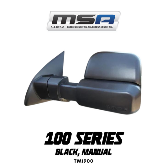 Black car side mirror with MSA logo on a white background