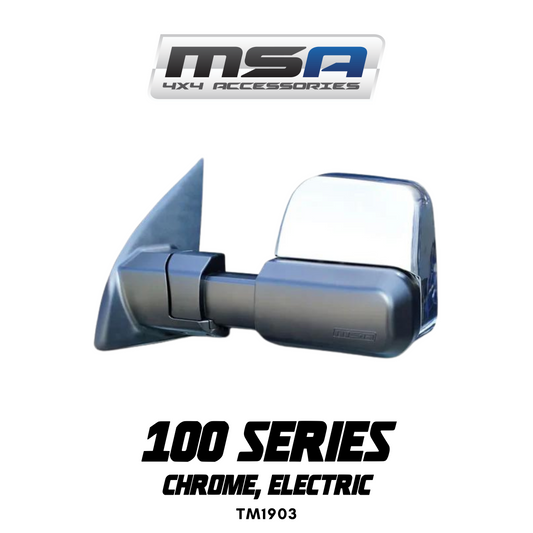 Chrome electric side mirror with MSA 4x4 Accessories branding on a white background