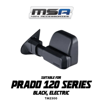 Black electric car mirror suitable for Prado 120 series with MSA logo on a white background