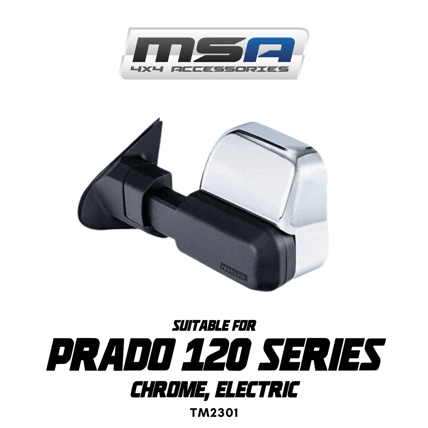 Chrome electric car mirror with MSA 4x4 Accessories branding on a white background