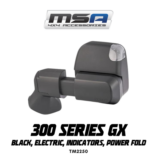 Gray side view mirror with MSA 4x4 Accessories logo on a white background