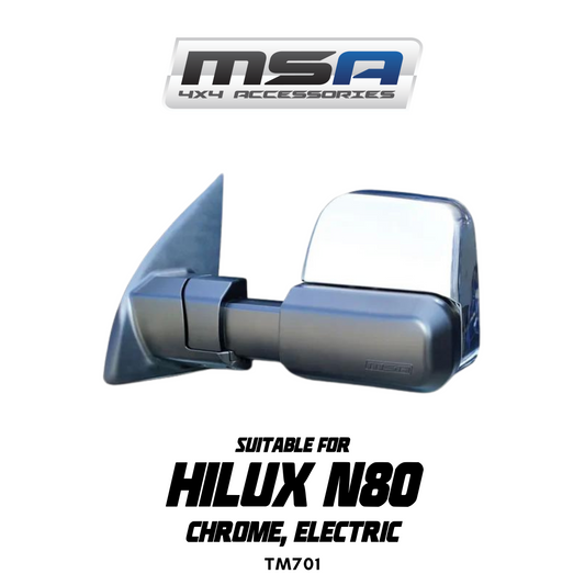 Chrome car side mirror suitable for Hilux N80 with MSA logo on a white background