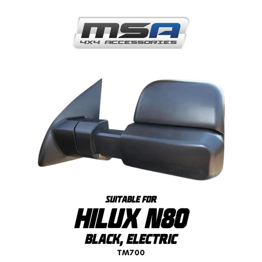 Black car side mirror suitable for Hilux N80 with MS A 4x4 Accessories logo on a white background.