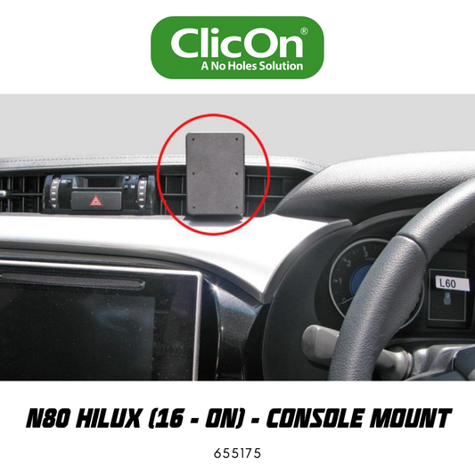 ClicOn console mount for Toyota Hilux N80 with steering wheel and dashboard visible