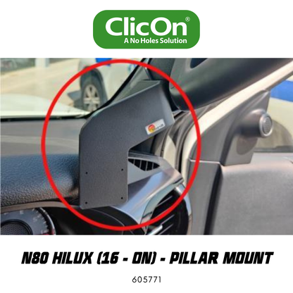 ClicOn pillar mount for a car, with a red circle highlighting the product on a blurred background.