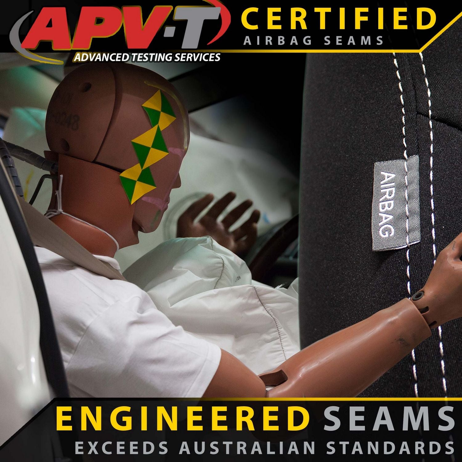 APV-T certification for airbag seams with a test dummy and 'Airbag' label.